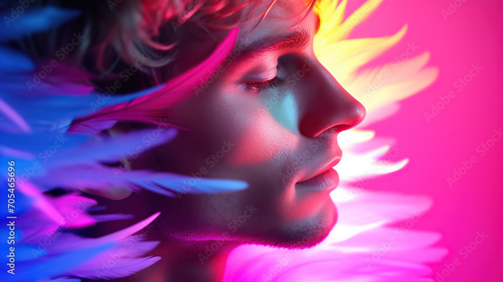 Young Man Bathed in Neon Pink and Blue Light, Evoking a Dreamy Atmosphere