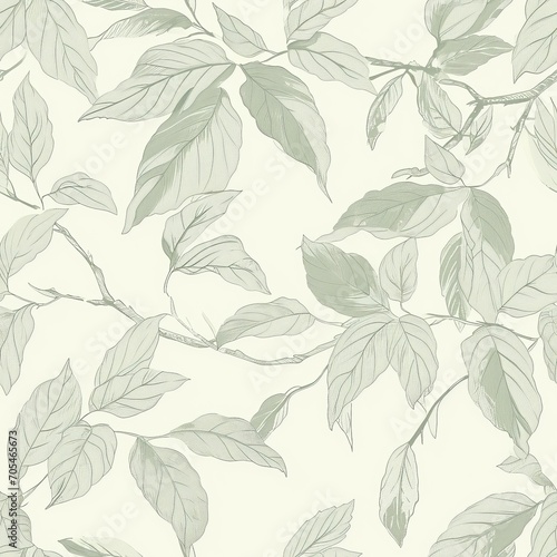 Seamless pattern: Whispering Leaves, Outline sketches of leaves in light greens and grays creating a gentle leafy pattern.