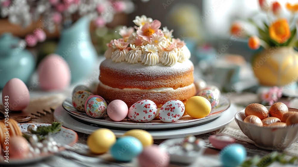 Decorative cakes and Easter thematic compositions on the table. Generative AI. Decorative cakes and Easter thematic compositions on the table. Generative AI.