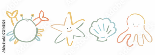 Beautiful kid's set with hand drawn cute sea little animals such as octopus, shell, starfish and crab. Stock children's illustration. photo