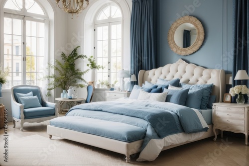 Interior home design of modern bedroom with blue bed in the room is comfortable and magnificent photo