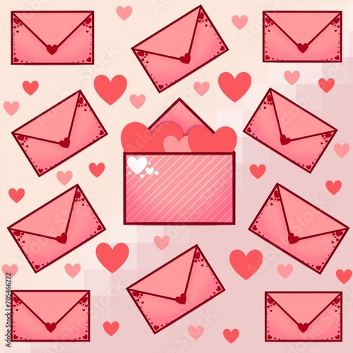 seamless pattern with hearts and envelope, Valentine Day background 