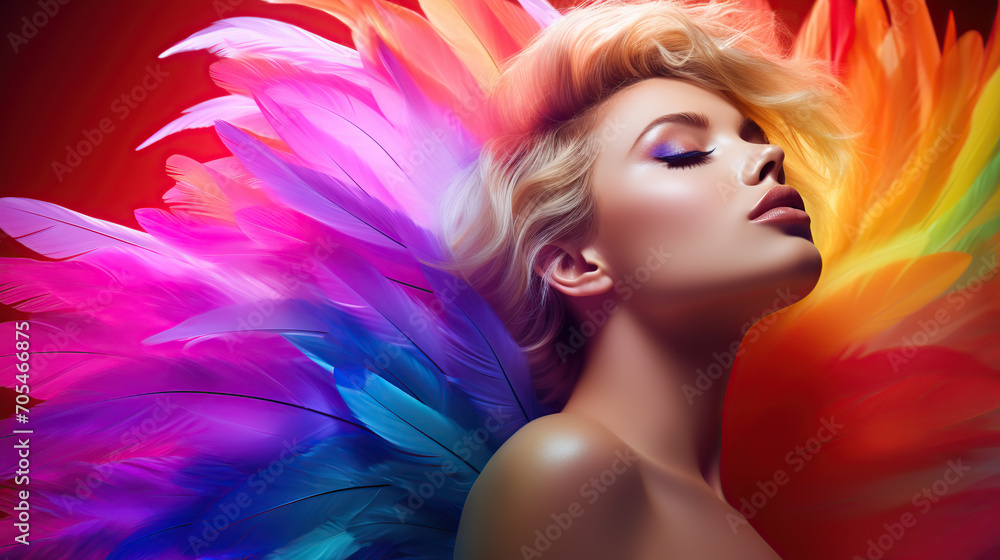 Artistic portrait of a woman with colorful neon feathers