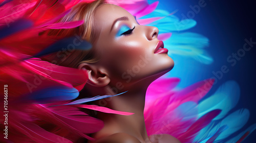 Artistic portrait of a woman with colorful neon feathers