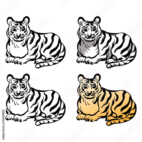 トラの和風ベクターイラストセット（線画、影付き、白黒、グラデーション）。