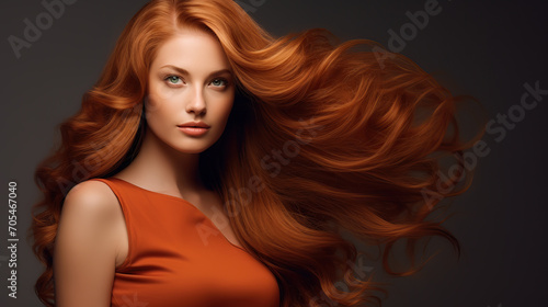 Elegant redhead with voluminous, flowing hair and fair skin