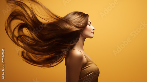 Elegant brunette with long flowing hair posing serenely