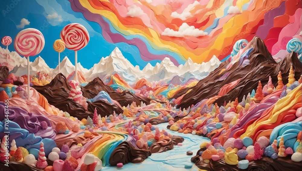 A whimsical candy land with rivers of chocolate, mountains of marshmallows, and skies painted with rainbow hues Generative AI