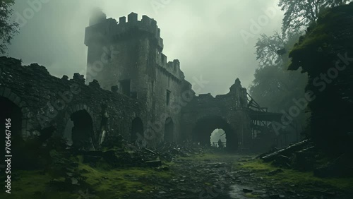 A decrepit abandoned castle shrouded in a dense fogfilled sky emitting an ominous atmosphere and surrounded by a sinister aura. photo