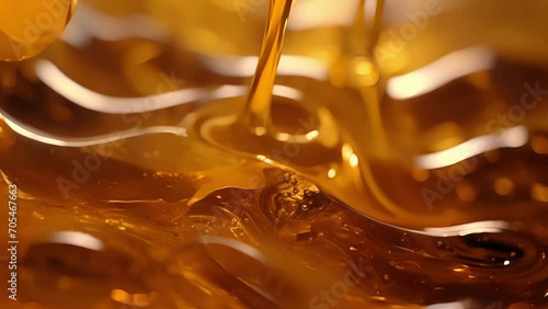 Sweet glimmering maple syrup suspended in slow motion forming unique patterns and designs before dripping to the bottom like liquid opulence. photo