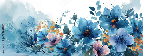 Elegant artistic watercolor illustration featuring a swath of blue and pink flowers with splashes of orange, suitable for springtime or Mother's Day themes photo