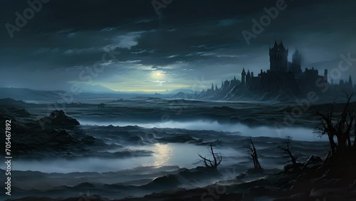 An ominous castle looms over a fogladen marsh distant bells ringing in the night. photo