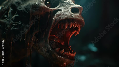 The zombies mouth is wide open exposing its jagged teeth suggesting an inhuman hunger.