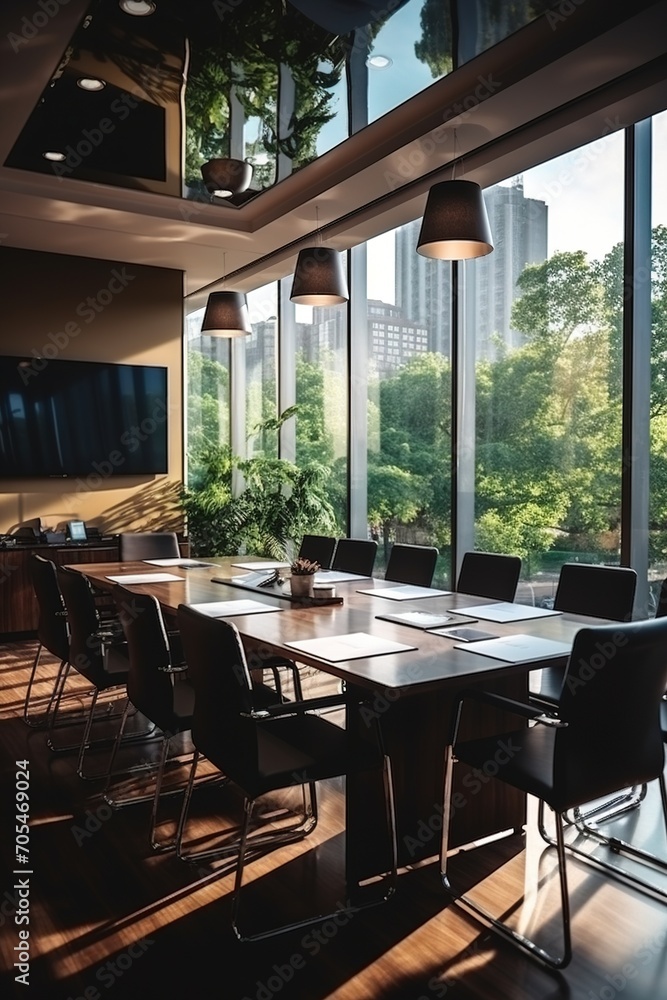 Modern office conference room with city view