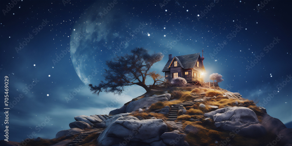 house in the edge of rock cliff at the night - obrazy, fototapety, plakaty 