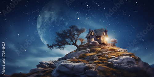 house in the edge of rock cliff at the night