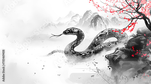 Simple Snake Chinese Zodiac Animal Illustration in Traditional Ink Painting Style. Black and White Gold Theme Color