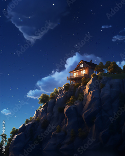 house in the edge of rock cliff at the night