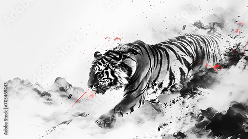 Simple Tiger Chinese Zodiac Animal Illustration in Traditional Ink Painting Style. Black and White Gold Theme Color