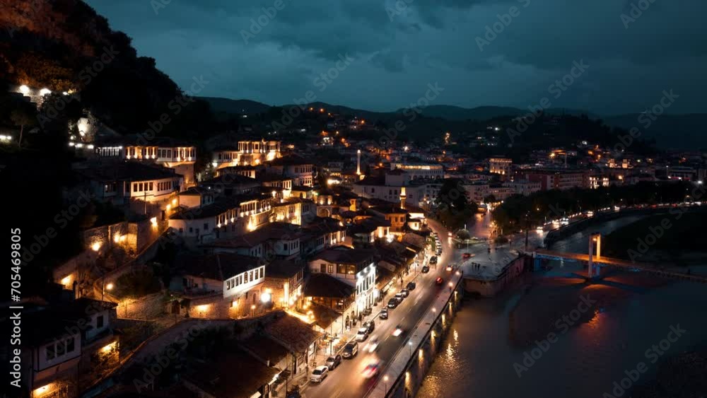 Aerial timelapse night view of traffic in historic mountain village Berat unesco in Albania Aerial timelapse night view of traffic in historic mountain village Berat unesco in Albania