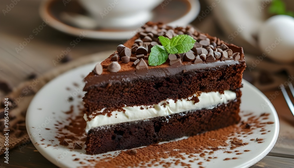 A piece of chocolate cake with vanilla cream A piece of chocolate cake with vanilla cream