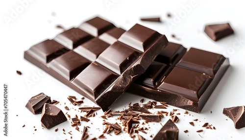 Melting piece of dark chocolate bar on white background