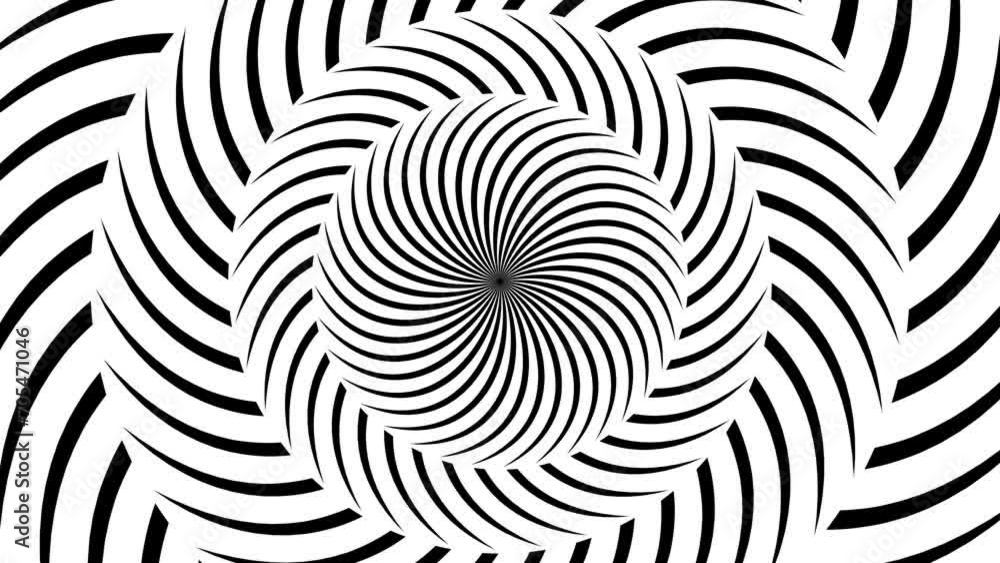 Psychedelic twisting circles. Round striped in black and white. Swirling rotating hypnotic effect, optical illusion.