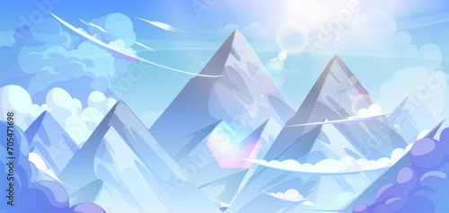 Peaks of high rocky mountains above clouds. Snowy stone hill top above haze against blue sky with bright sun. Cartoon vector illustration of aerial panoramic landscape with rock mount and sunlight.