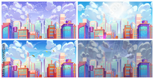 Cartoon city downtown landscape with modern skyscraper buildings in four different weather seasons - sunny day, winter snowfall, thunder storm with rain and lightning, wind with flying leaves.