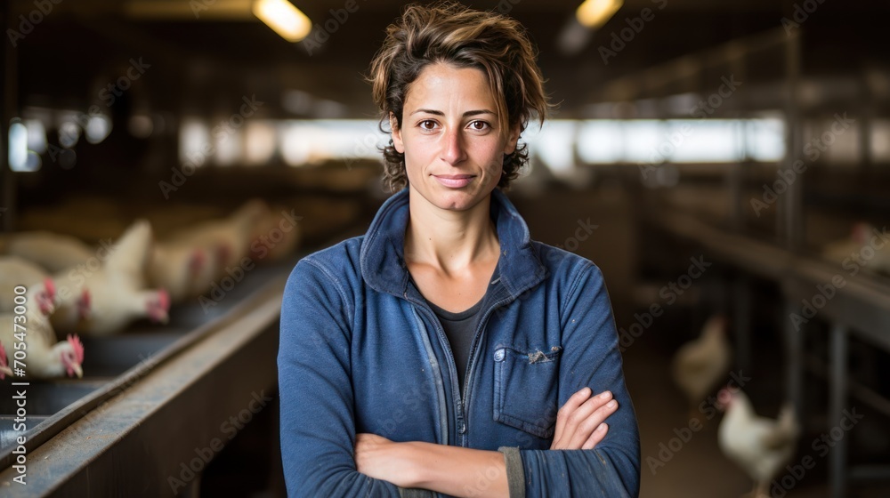 Fototapeta premium A female chicken farmer stands with his arms ,Chicken farm, animal farm