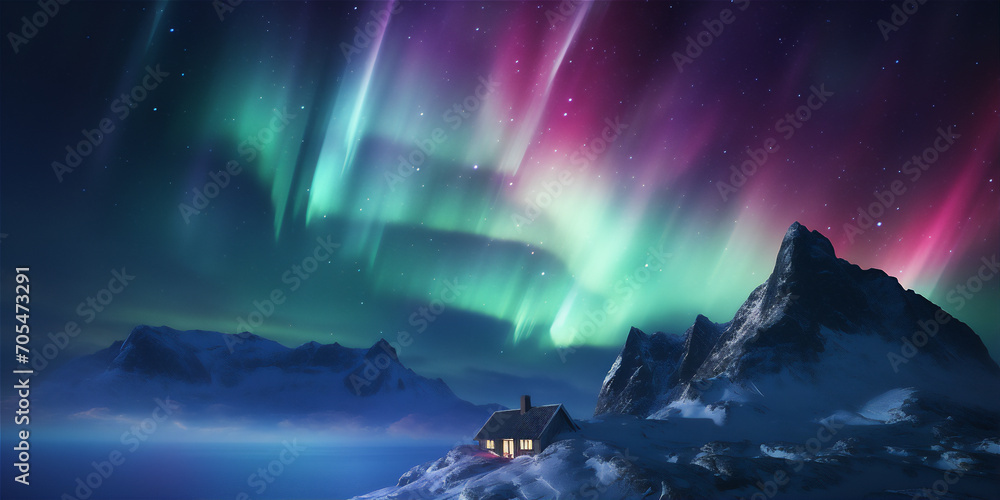 house in the night in northern with aurora borealis