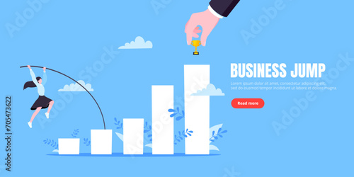 Businesswoman jumps pole vault over graph bars flat style design vector illustration business concept. Business growth and goal achievement concept.