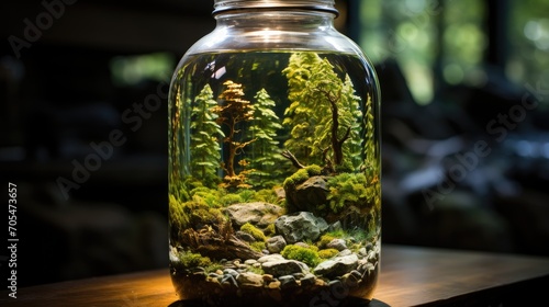 A charming terrarium with a forest in a bottle concept