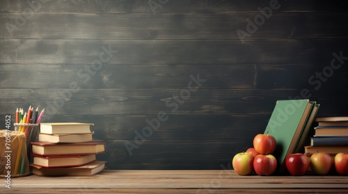 Back to school supplies. Books and blackboard on wooden background 