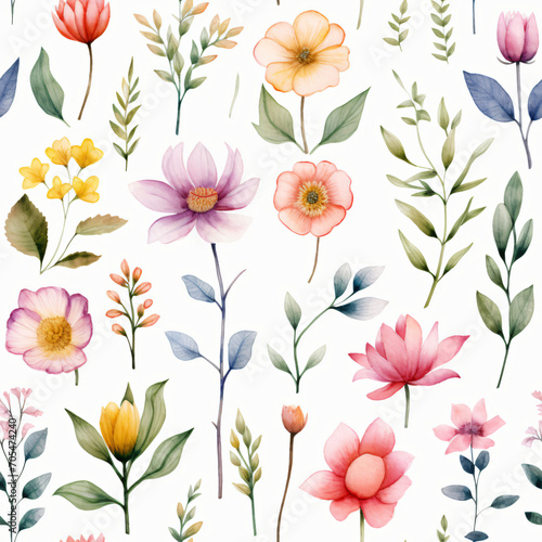 Seamless pattern of Asian flowers, watercolor, Wrapping paper pattern