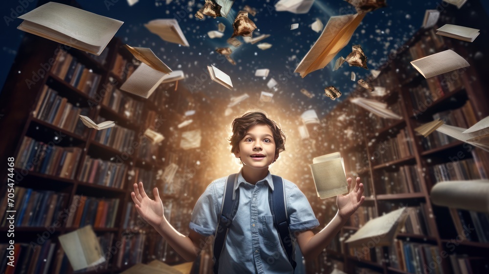 Fototapeta premium boy student has a great brilliant idea. Floating flying books and library