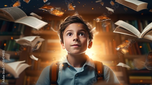 boy student has a great brilliant idea. Floating flying books and library  photo