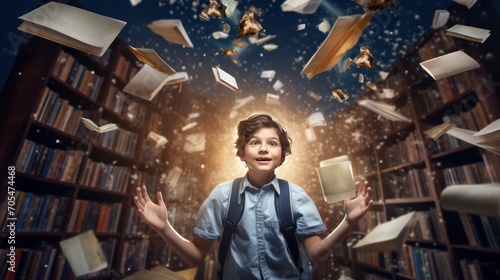 boy student has a great brilliant idea. Floating flying books and library 