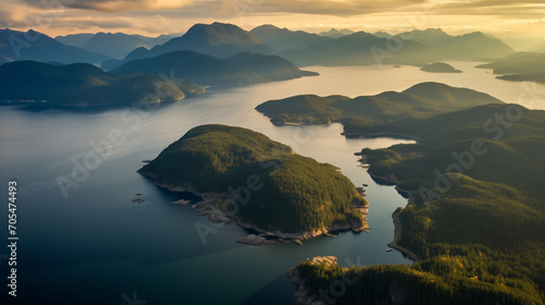 Aerial view of Howe Sound after a cloudy summer sunset. Canada, Taken North of Vancouver, British Columbia
