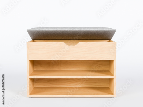 Japanese minimalist wooden rack shoes with cushion seater premium photo 3d render