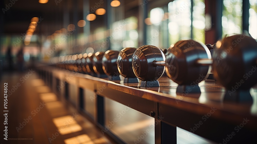 Row of different dumbbell weights in modern fitness center.