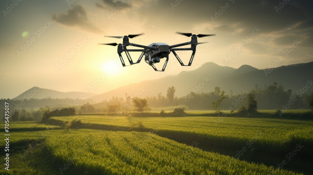 drone flying on farmland at sunrise drone flying on farmland at sunrise