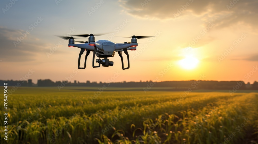 drone flying on vineyard field at sunrise background 