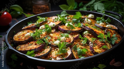 Grilled eggplant and fresh tomato salad. Top view