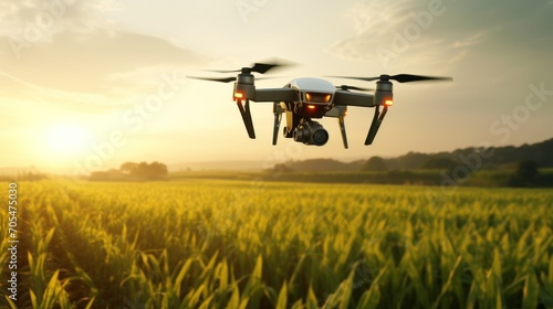 drone flying on vineyard field at sunrise background 