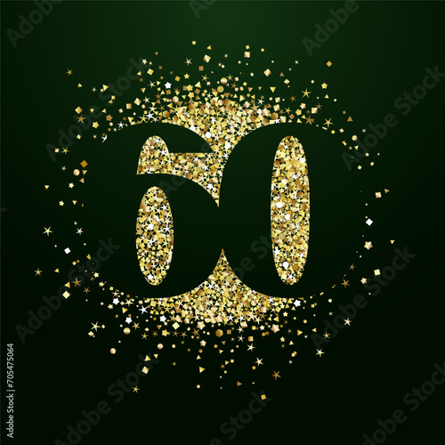Trendy design of number 60. Isolated sign 60 and golden backdrop. 60th annivarsary concept. Up to 60 percent off label design. Top 60 rating symbol. Abstract background. Advertising template.