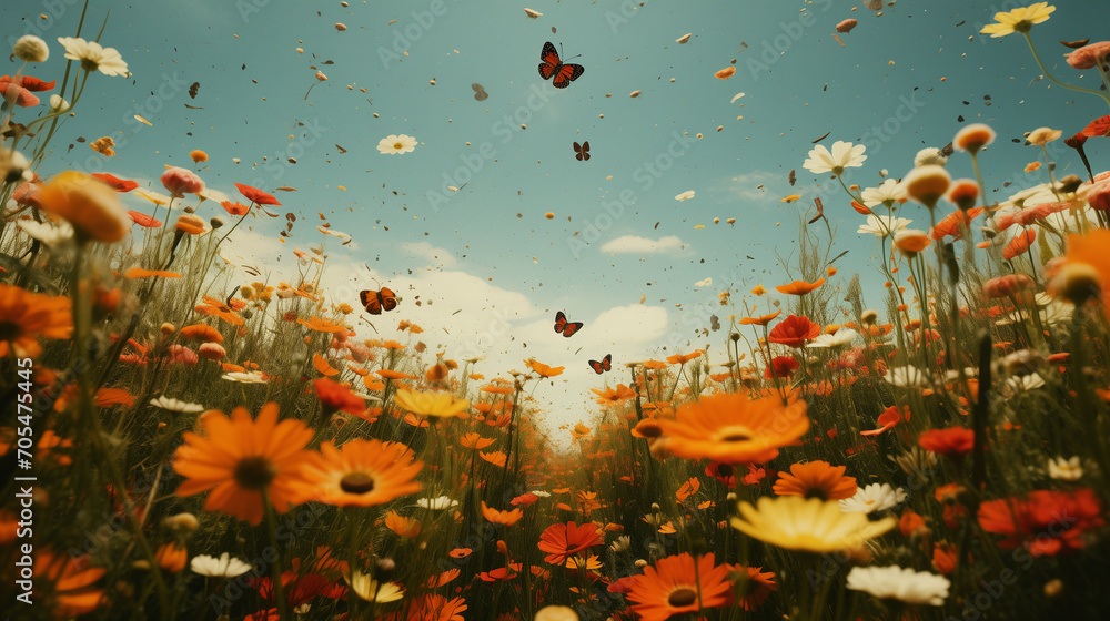 The plain is full of colorful flowers and butterflies in spring