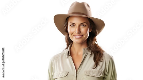 Female farmer looking at the camera and smiling, isolated on white background. 