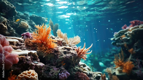 Sea sponge underwater among coral reefs. View of underwater life.