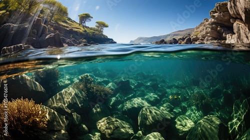 Underwater seaweed and shoreline, split level views above and below the water surface